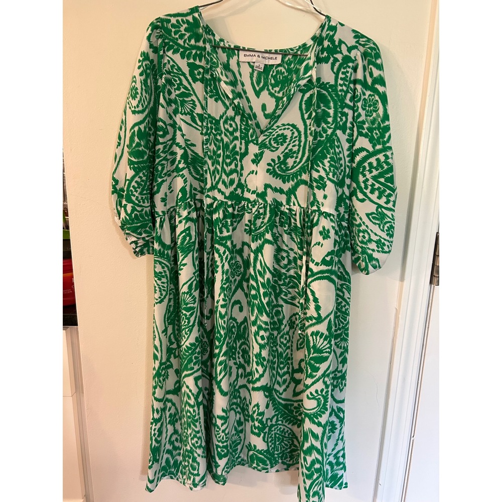 Emma & Michele Green White Ikat Paisley Dress Size S 3/4 Sleeve